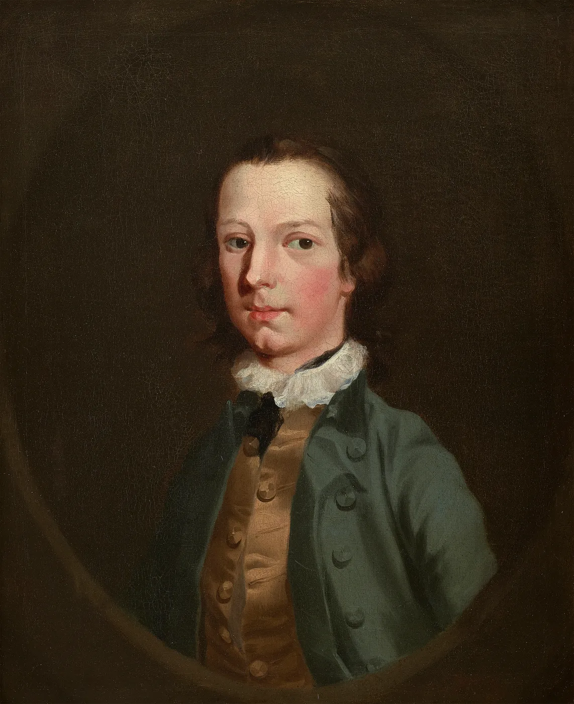 Portrait of a boy by Richard Wilson (RA), the sitter wears a green coat, white ruff and brown waistcoat against a black background