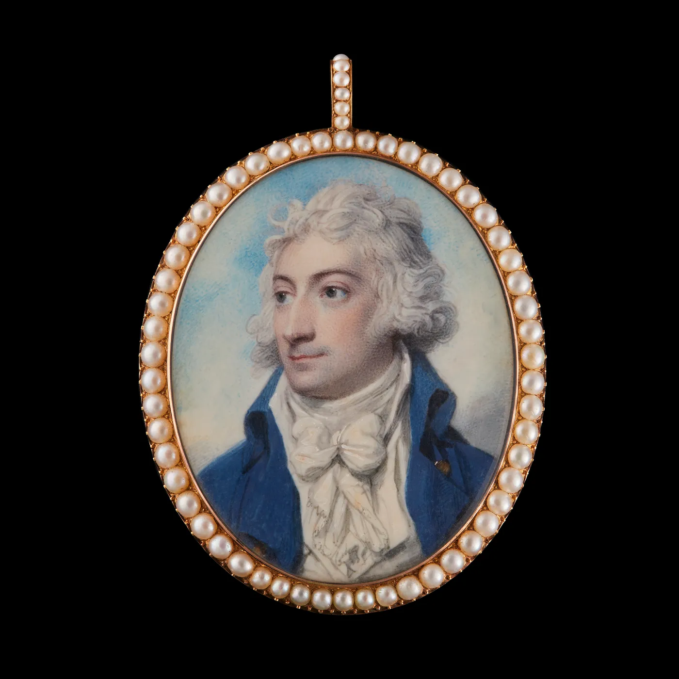 portrait miniature of a gentleman by richard cosway, surrounded by a pearl frame